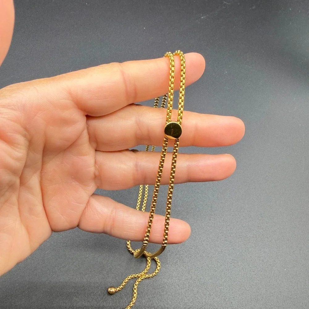 Gold Tone Adjustable Bolo Lariat Necklace Box Chain Tassel Minimalist Jewelry